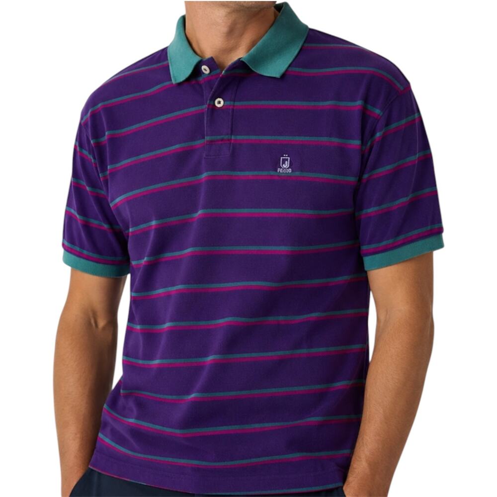 VTG Izod Striped Polo Shirt Embroidered Logo 100% Cotton Purple Green Large